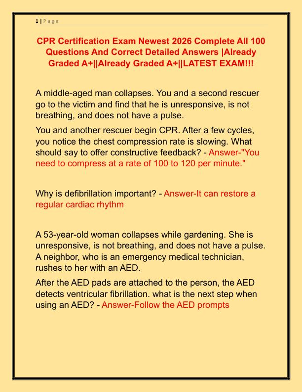 CPR Certification Exam Newest 2026 Complete All 100 Questions And Correct Detailed Answers