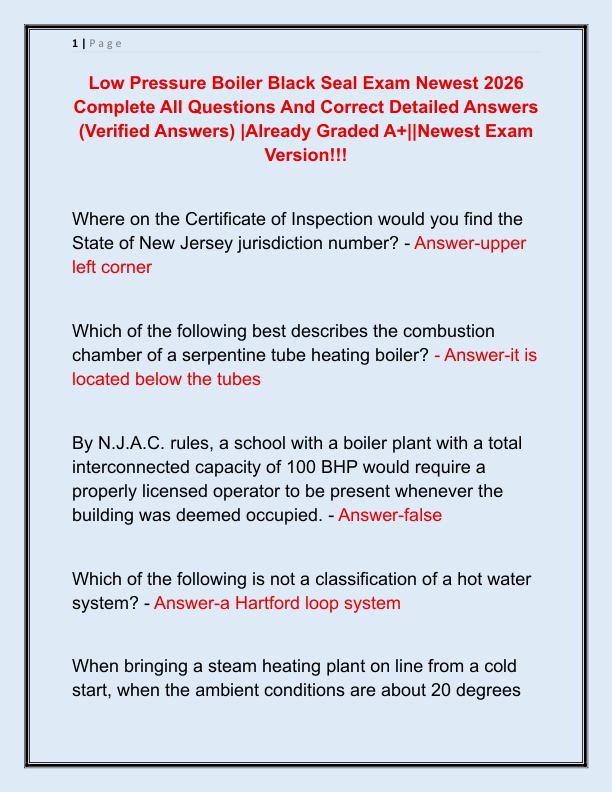 Low Pressure Boiler Black Seal Exam Newest 2026 Complete All Questions And Correct Detailed Answers