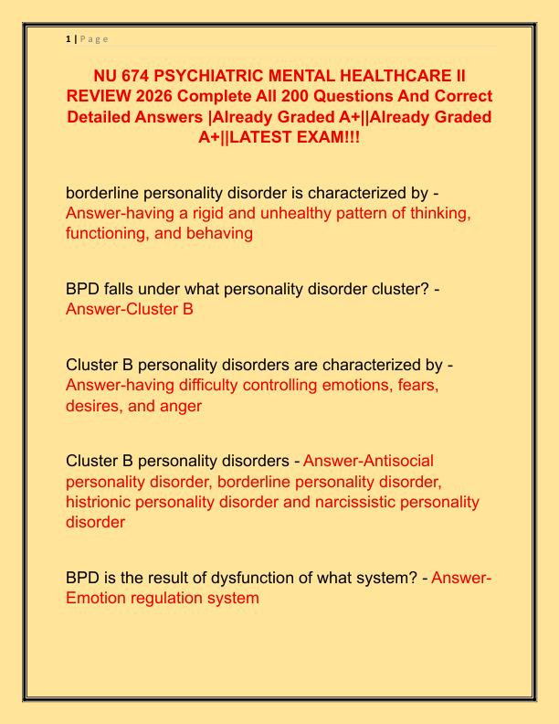NU 674 PSYCHIATRIC MENTAL HEALTHCARE II REVIEW 2026 Complete All 200 Questions And Correct Detailed Answers