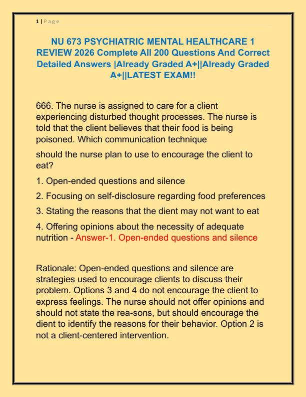 NU 673 PSYCHIATRIC MENTAL HEALTHCARE 1 REVIEW 2026 Complete All 200 Questions And Correct Detailed Answers