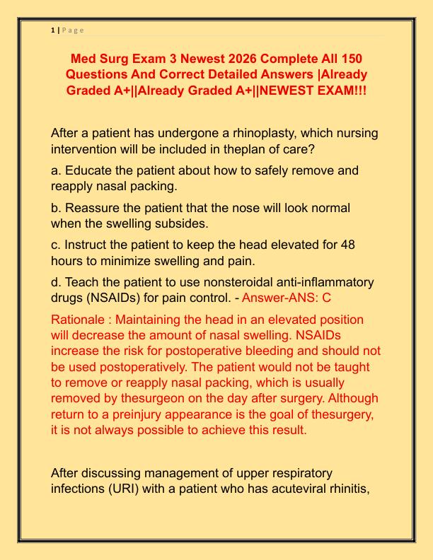 Med Surg Exam 3 Newest 2026 Complete All 150 Questions And Correct Detailed Answers