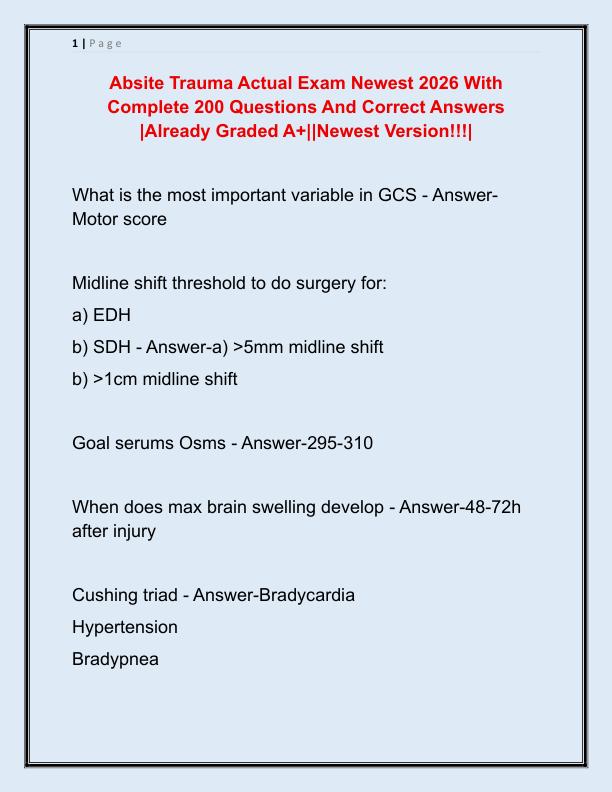 Absite Trauma Actual Exam Newest 2026 With Complete 200 Questions And Correct Answers