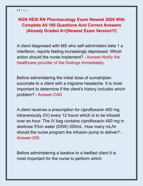 NGN HESI RN Pharmacology Exam Newest 2026 With Complete All 160 Questions And Correct Answers