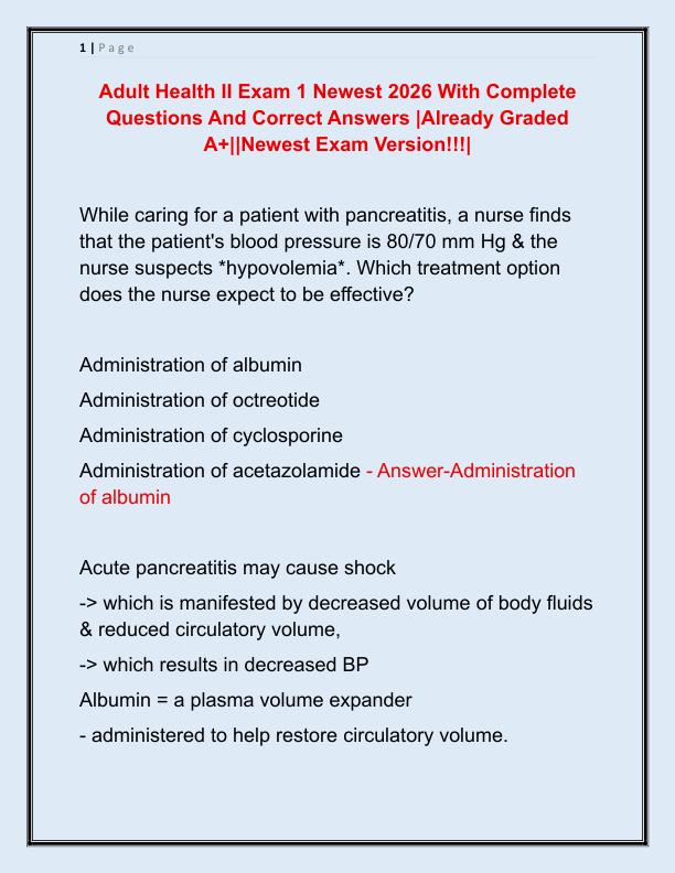 Adult Health II Exam 1 Newest 2026 With Complete Questions And Correct Answers