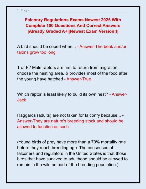 Falconry Regulations Exams Newest 2026 With Complete 100 Questions And Correct Answers