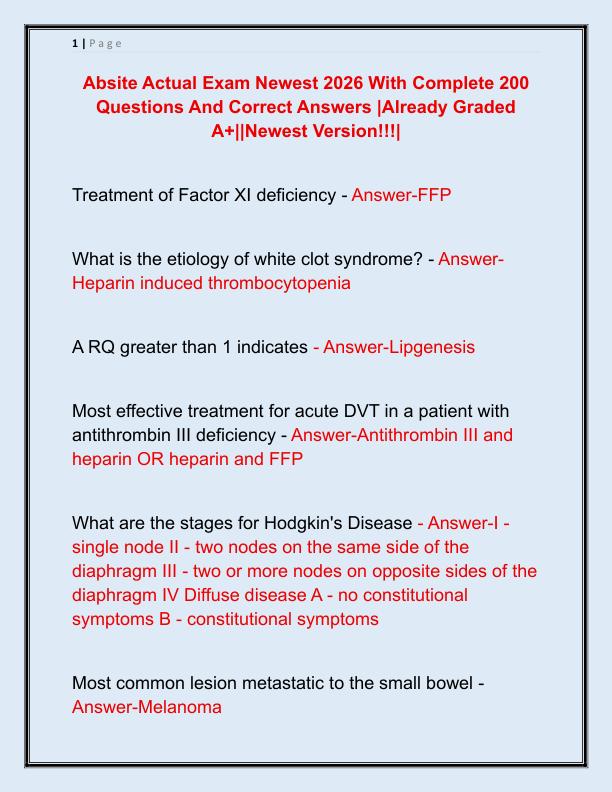 Absite Actual Exam Newest 2026 With Complete 200 Questions And Correct Answers