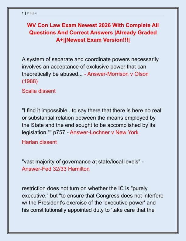 WV Con Law Exam Newest 2026 With Complete All Questions And Correct Answers