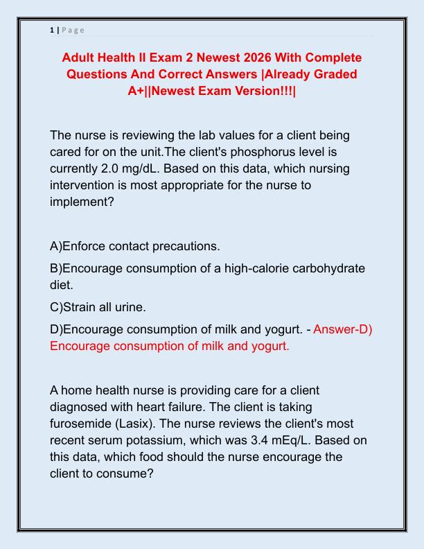 Adult Health II Exam 2 Newest 2026 With Complete Questions And Correct Answers