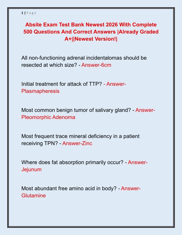 Absite Exam Test Bank Newest 2026 With Complete 500 Questions And Correct Answers