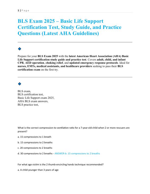 BLS Exam 2025 – Basic Life Support Certification Test, Study Guide, and Practice Questions (Latest AHA Guidelines)