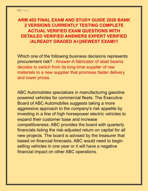 ARM 402 FINAL EXAM AND STUDY GUIDE 2026 BANK 2 VERSIONS CURRENTLY TESTING COMPLETE ACTUAL VERIFIED EXAM QUESTIONS WITH DETAILED VERIFIED ANSWERS EXPERT VERIFIED