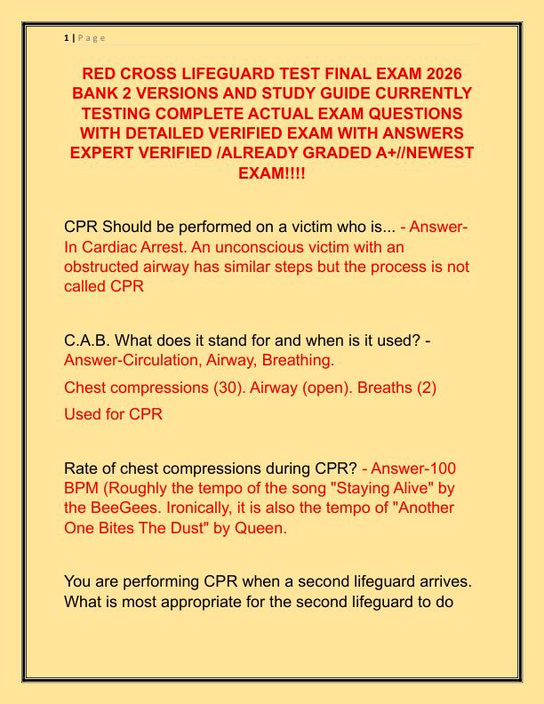 RED CROSS LIFEGUARD TEST FINAL EXAM 2026 BANK 2 VERSIONS AND STUDY GUIDE CURRENTLY TESTING COMPLETE ACTUAL EXAM QUESTIONS WITH DETAILED VERIFIED EXAM WITH ANSWERS EXPERT VERIFIED