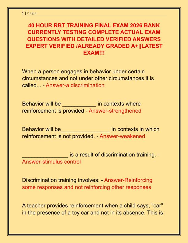 40 HOUR RBT TRAINING FINAL EXAM 2026 BANK CURRENTLY TESTING COMPLETE ACTUAL EXAM QUESTIONS WITH DETAILED VERIFIED ANSWERS EXPERT VERIFIED