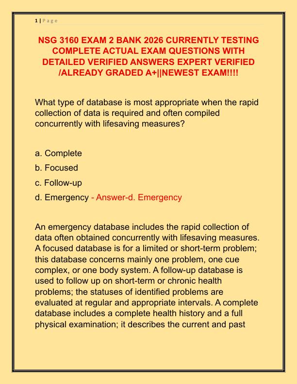 NSG 3160 EXAM 2 BANK 2026 CURRENTLY TESTING COMPLETE ACTUAL EXAM QUESTIONS WITH DETAILED VERIFIED ANSWERS EXPERT VERIFIED