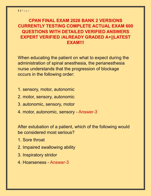 CPAN FINAL EXAM 2026 BANK 2 VERSIONS CURRENTLY TESTING COMPLETE ACTUAL EXAM 600 QUESTIONS WITH DETAILED VERIFIED ANSWERS EXPERT VERIFIED