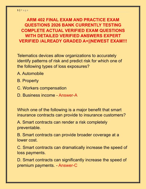 ARM 402 FINAL EXAM AND PRACTICE EXAM QUESTIONS 2026 BANK CURRENTLY TESTING COMPLETE ACTUAL VERIFIED EXAM QUESTIONS WITH DETAILED VERIFIED ANSWERS EXPERT VERIFIED