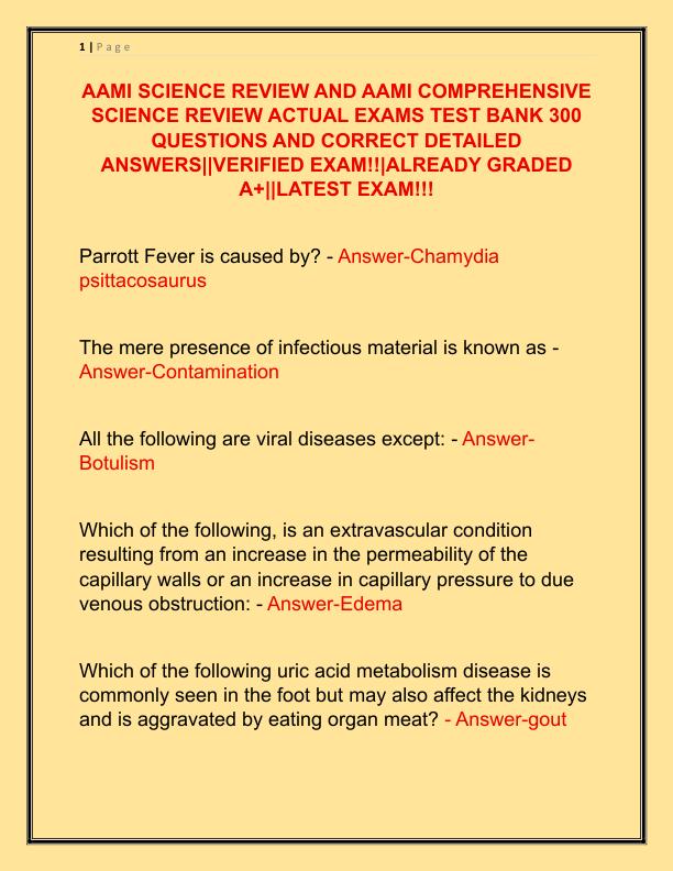 AAMI SCIENCE REVIEW AND AAMI COMPREHENSIVE SCIENCE REVIEW ACTUAL EXAMS TEST BANK 300 QUESTIONS AND CORRECT DETAILED ANSWERS