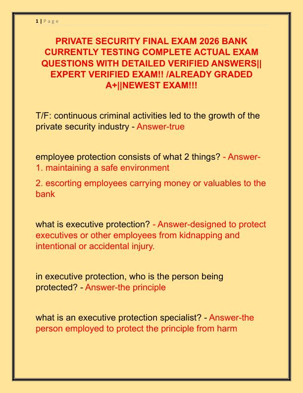 PRIVATE SECURITY FINAL EXAM 2026 BANK CURRENTLY TESTING COMPLETE ACTUAL EXAM QUESTIONS WITH DETAILED VERIFIED ANSWERS