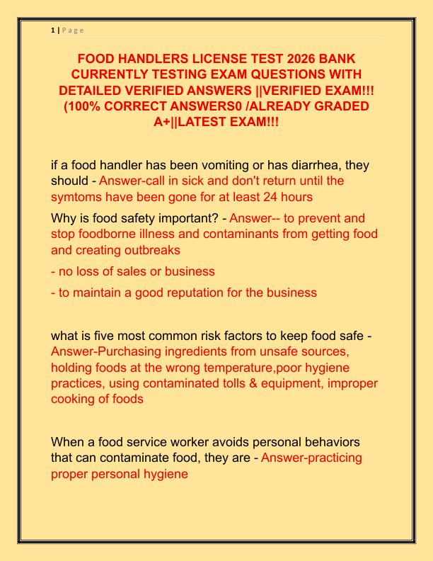 FOOD HANDLERS LICENSE TEST 2026 BANK CURRENTLY TESTING EXAM QUESTIONS WITH DETAILED VERIFIED ANSWERS