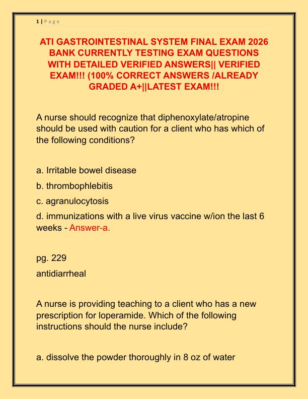 ATI GASTROINTESTINAL SYSTEM FINAL EXAM 2026 BANK CURRENTLY TESTING EXAM QUESTIONS WITH DETAILED VERIFIED ANSWERS