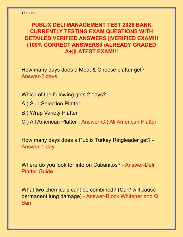 PUBLIX DELI MANAGEMENT TEST 2026 BANK CURRENTLY TESTING EXAM QUESTIONS WITH DETAILED VERIFIED ANSWERS