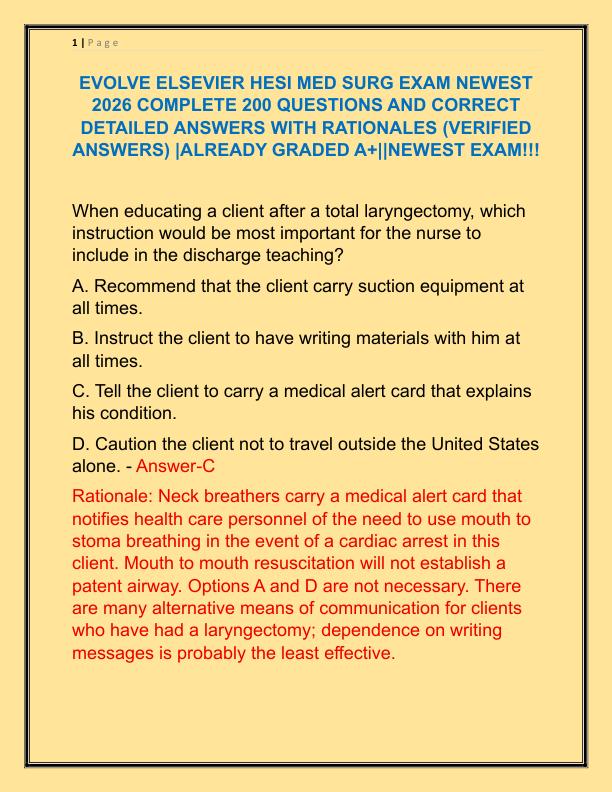 EVOLVE ELSEVIER HESI MED SURG EXAM NEWEST 2026 COMPLETE 200 QUESTIONS AND CORRECT DETAILED ANSWERS WITH RATIONALES