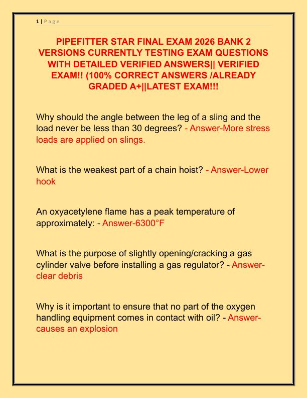 PIPEFITTER STAR FINAL EXAM 2026 BANK 2 VERSIONS CURRENTLY TESTING EXAM QUESTIONS WITH DETAILED VERIFIED ANSWERS