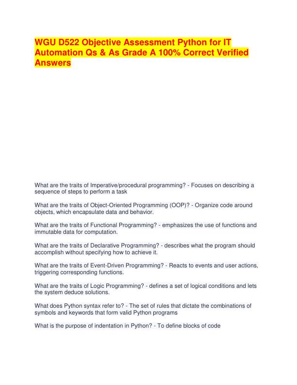 WGU D522 Objective Assessment Python for IT Automation Qs & As Grade A 100% Correct Verified Answers