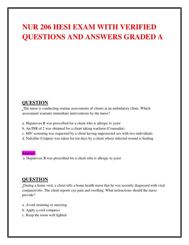 mobile-preview-NUR 206 HESI EXAM WITH VERIFIED QUESTIONS AND ANSWERS GRADED A