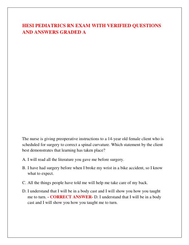 HESI PEDIATRICS RN EXAM WITH VERIFIED QUESTIONS AND ANSWERS GRADED A