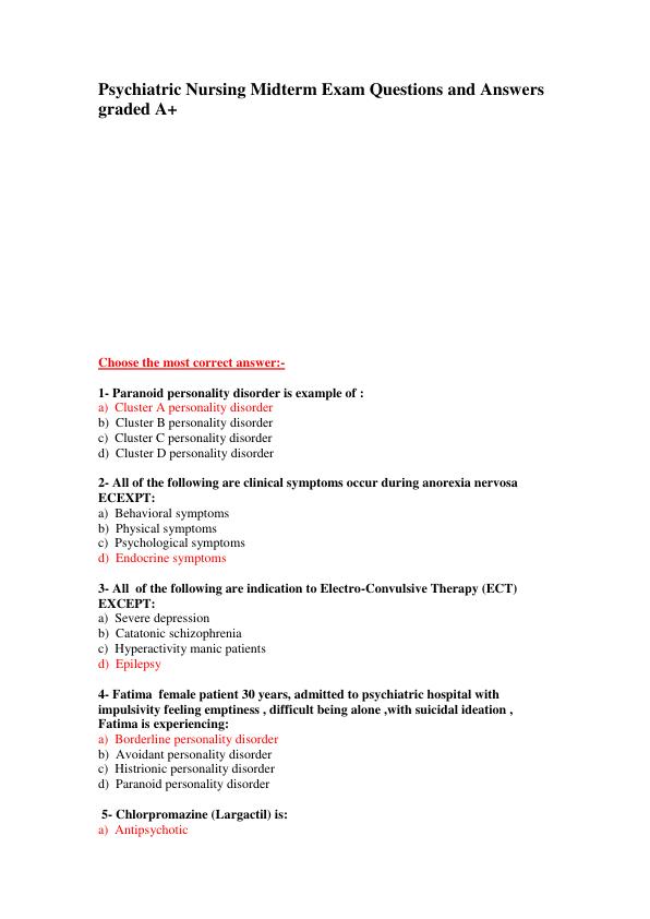 Psychiatric Nursing Midterm Exam Quest