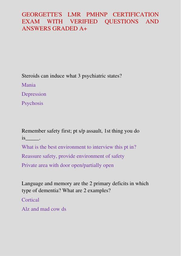 GEORGETTE'S LMR PMHNP CERTIFICATION EXAM WITH VERIFIED QUESTIONS AND ANSWERS GRADED A+