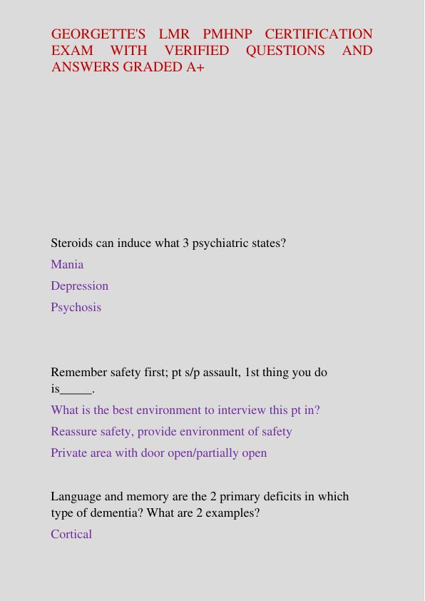 GEORGETTE'S LMR PMHNP CERTIFICATION EXAM WITH VERIFI