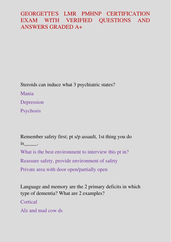 GEORGETTE'S LMR PMHNP CERTIFICATION EXAM WITH VERIFIED QUESTIONS A