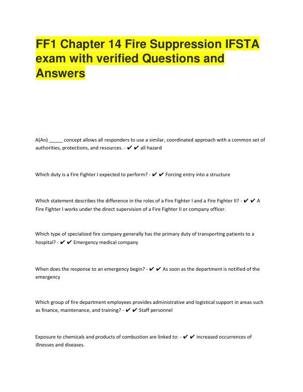 FF1 Chapter 14 Fire Suppression IFSTA exam with verified Questions and Answers