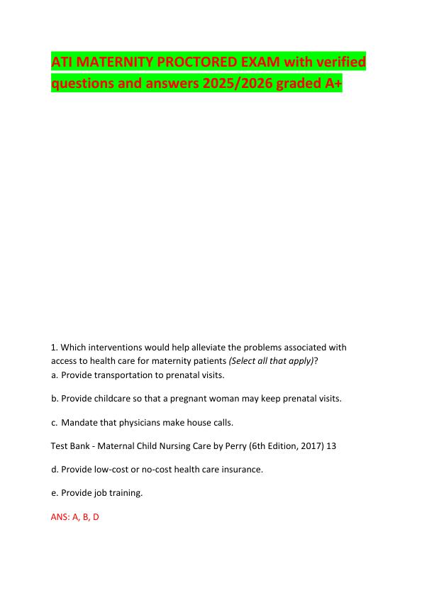 ATI MATERNITY PROCTORED EXAM with verified questions and answers 2025 2026 graded A+