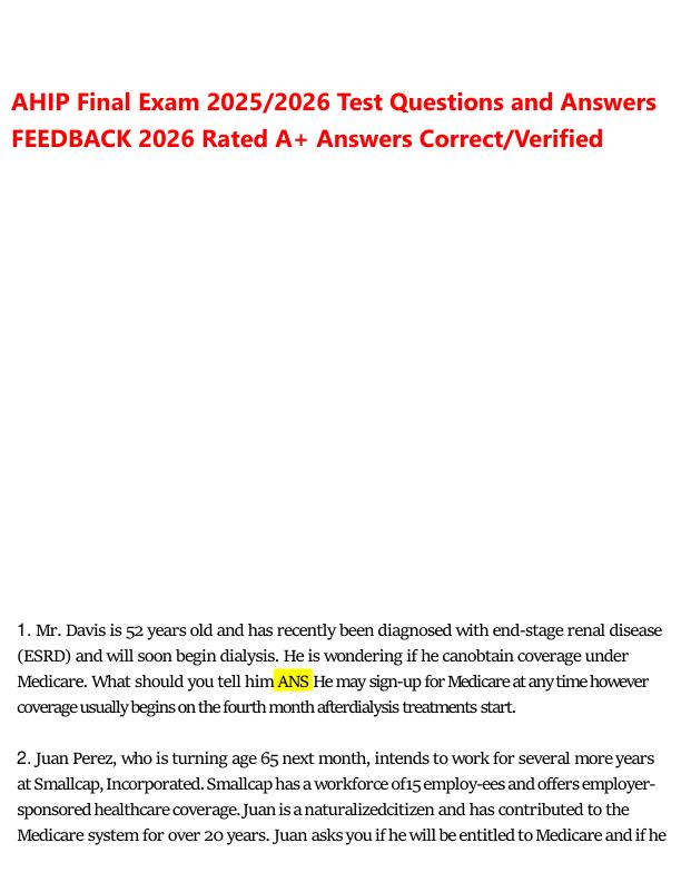 AHIP Final Exam 2025 2026 Test Questions and Answers FEEDBACK 2026 Rated A+ Answers Correct Verified