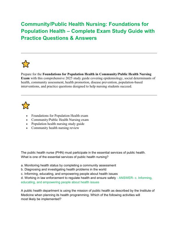 Community Public Health Nursing Foundations for Population Health – Complete Exam Study Guide with Practice Questions & Answers