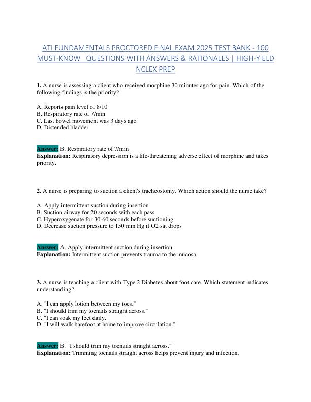 ATI FUNDAMENTALS PROCTORED FINAL EXAM 2025 TEST BANK - 100 MUST-KNOW   QUESTIONS WITH ANSWERS & RATIONALES  HIGH-YIELD NCLEX PREP