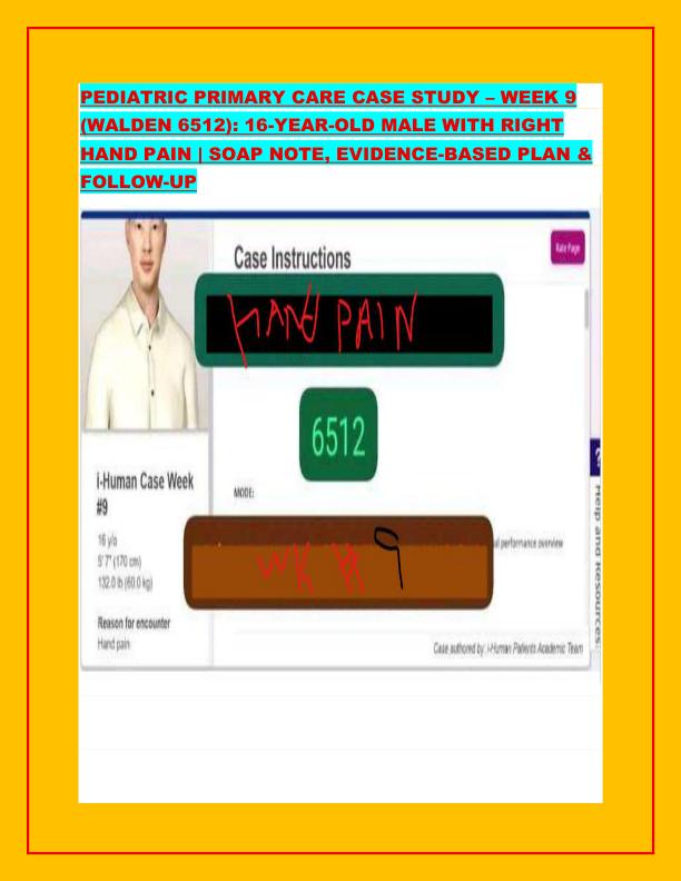 PEDIATRIC PRIMARY CARE CASE STUDY – WEEK 9 (WALDEN 6512): 16-YEAR-OLD MALE WITH RIGHT HAND PAIN | SOAP NOTE, EVIDENCE-BASED PLAN & FOLLOW-UP