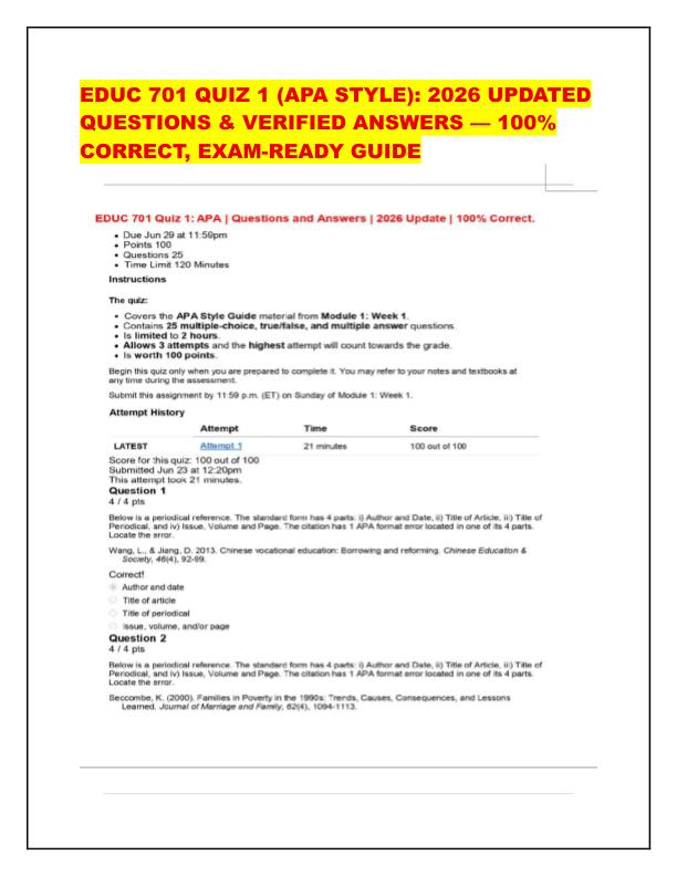 mobile-preview-EDUC 701 QUIZ 1 (APA STYLE): 2026 UPDATED QUESTIONS & VERIFIED ANSWERS — 100% CORRECT