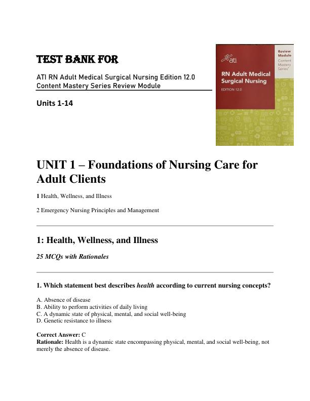 TEST BANK FOR ATI RN Adult Medical Surgical Nursing Edition 12.0 Content Mastery Series Review Module Units 1-14