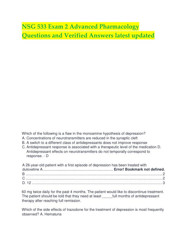NSG 533 Exam 2 Advanced Pharmacology Questions and Verified Answers latest updated