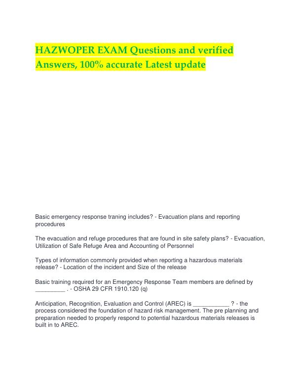 HAZWOPER EXAM Questions and verified Answers, 100% accurate Latest update