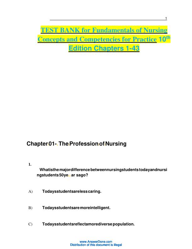 TEST BANK for Fundamentals of Nursing Concepts and Competencies for Practice 10th Edition Chapters-1-990