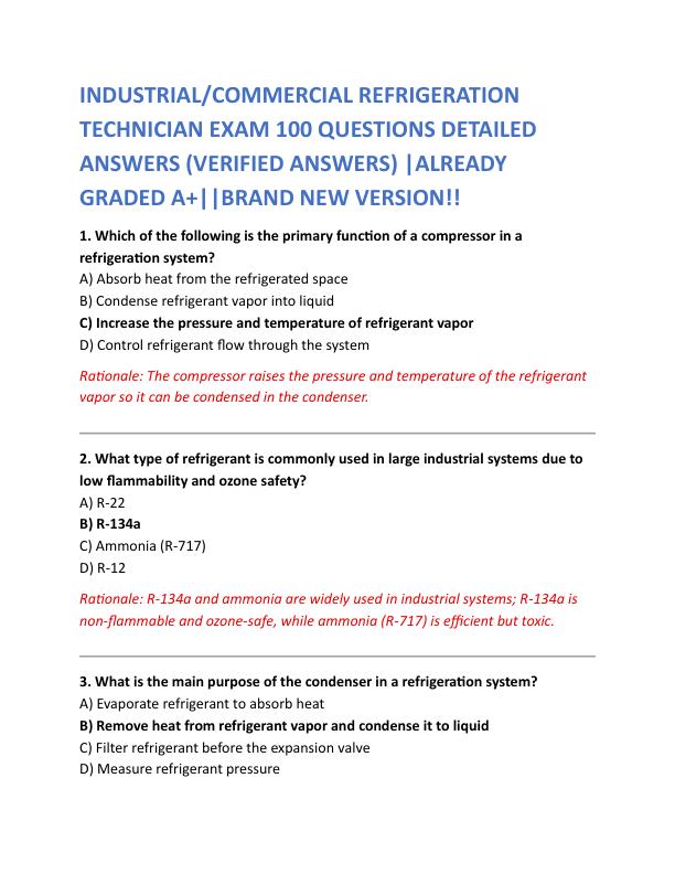  INDUSTRIAL/COMMERCIAL REFRIGERATION  TECHNICIAN EXAM 100 QUESTIONS DETAILED  ANSWERS (VERIFIED ANSWERS) |ALREADY  GRADED A+||BRAND NEW VERSION!! 