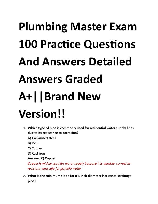  Plumbing Master Exam  100 Practice Questions  And Answers Detailed  Answers Graded  A+||Brand New  Version!! 