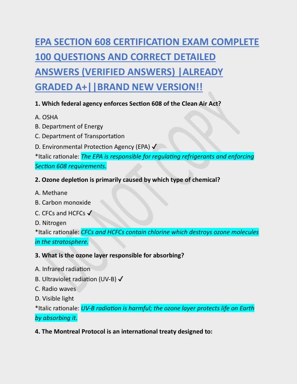     EPA SECTION 608 CERTIFICATION EXAM COMPLETE  100 QUESTIONS AND CORRECT DETAILED  ANSWERS (VERIFIED ANSWERS) |ALREADY  GRADED A+||BRAND NEW VERSION!! 