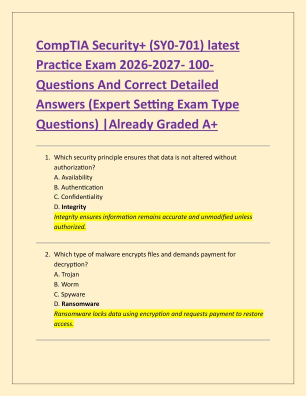 CompTIA Security+ (SY0-701) latest  Practice Exam 2026-2027- 100-  Questions And Correct Detailed  Answers (Expert Setting Exam Type  