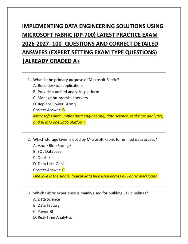  IMPLEMENTING DATA ENGINEERING SOLUTIONS USING  MICROSOFT FABRIC (DP-700) LATEST PRACTICE EXAM  2026-2027- 100- QUESTIONS AND CORRECT DETAILED  ANSWERS (EXPERT SETTING EXAM TYPE QUESTIONS)  |ALREADY GRADED A+ 